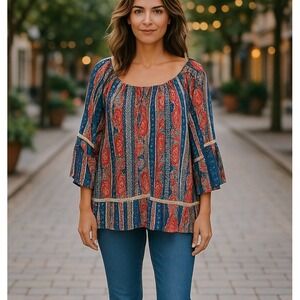 John Paul Richard Red Blue Printed Bell Sleeve Ruffle Hem Peasant Blouse Size XL